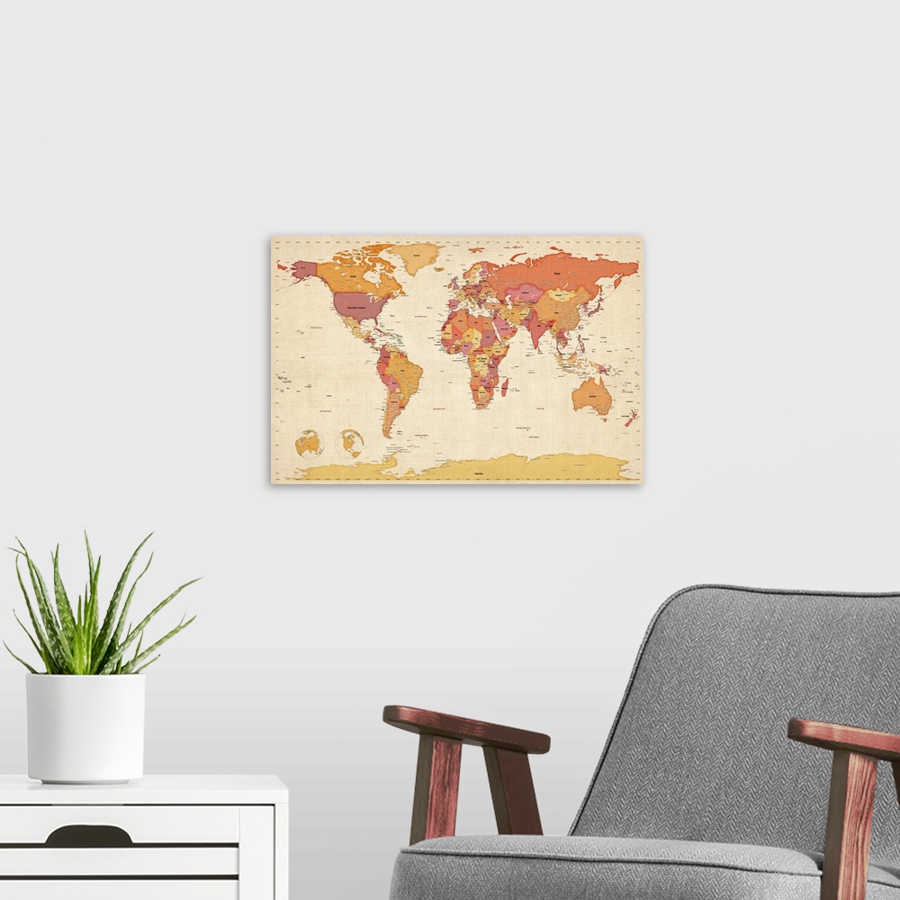 A modern room featuring World map labeled with all the countries and oceans in warm color tones.