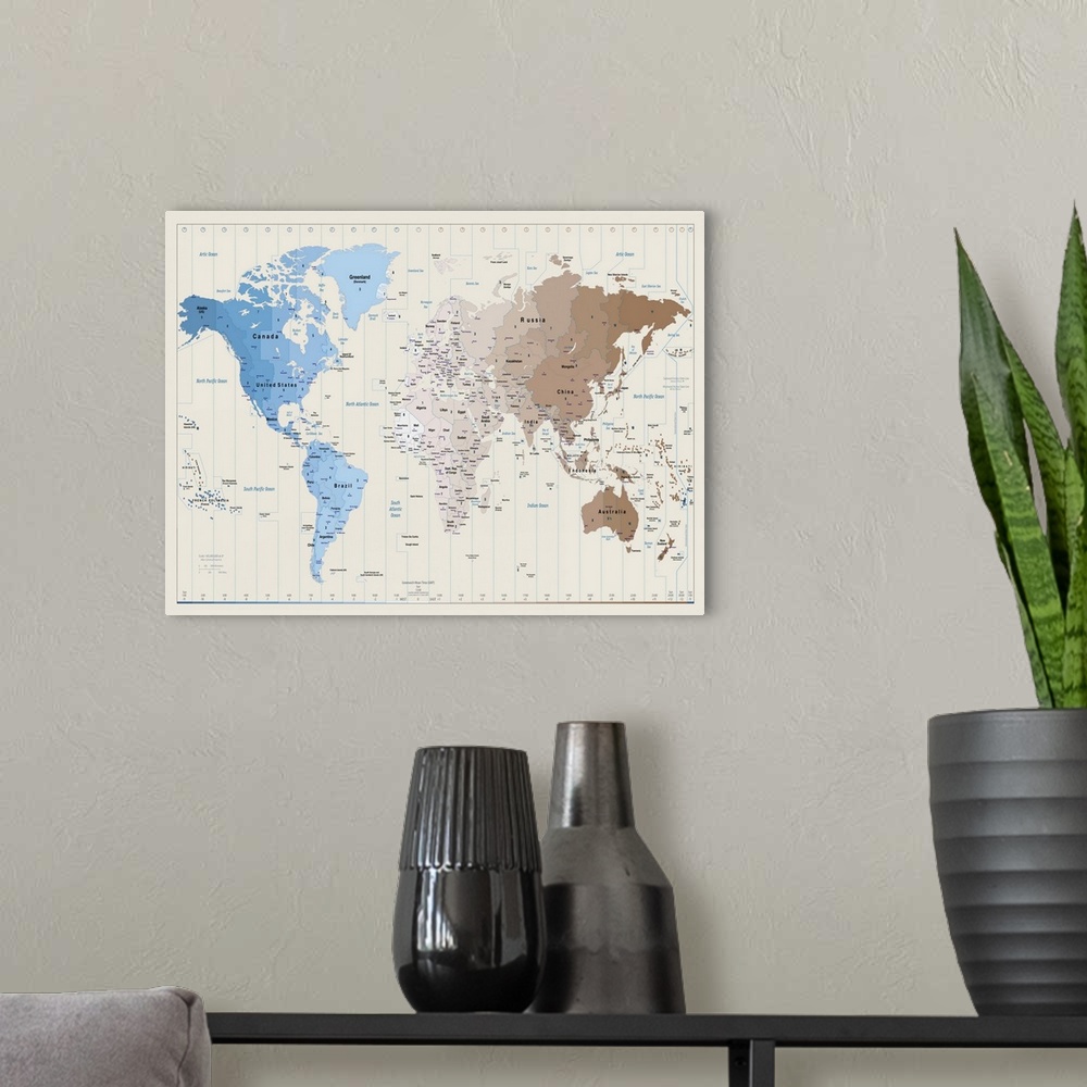 A modern room featuring A large oversize piece of a world map that is split up by time zones.