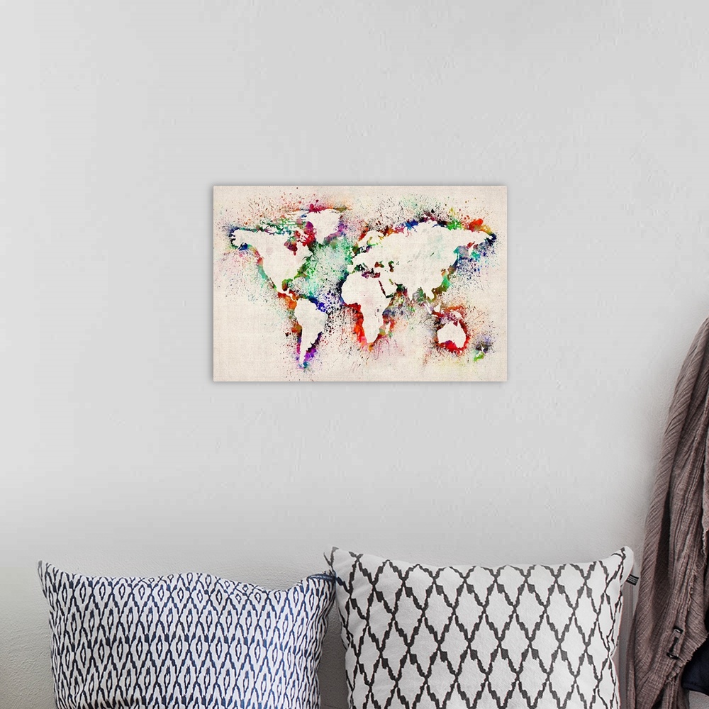 A bohemian room featuring Large illustrated world map shows the placement of countries by outlining them with a vibrant ass...