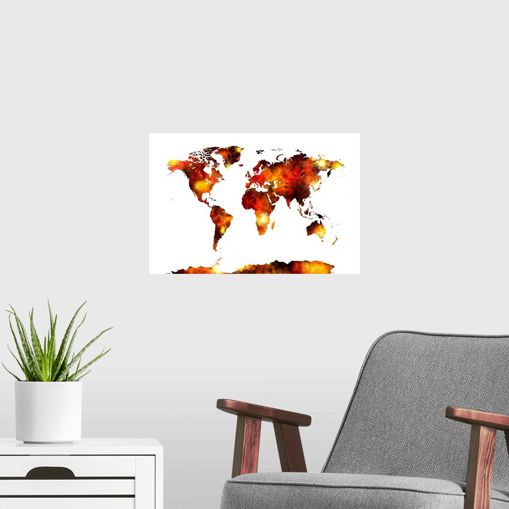 A modern room featuring Map of the world painting