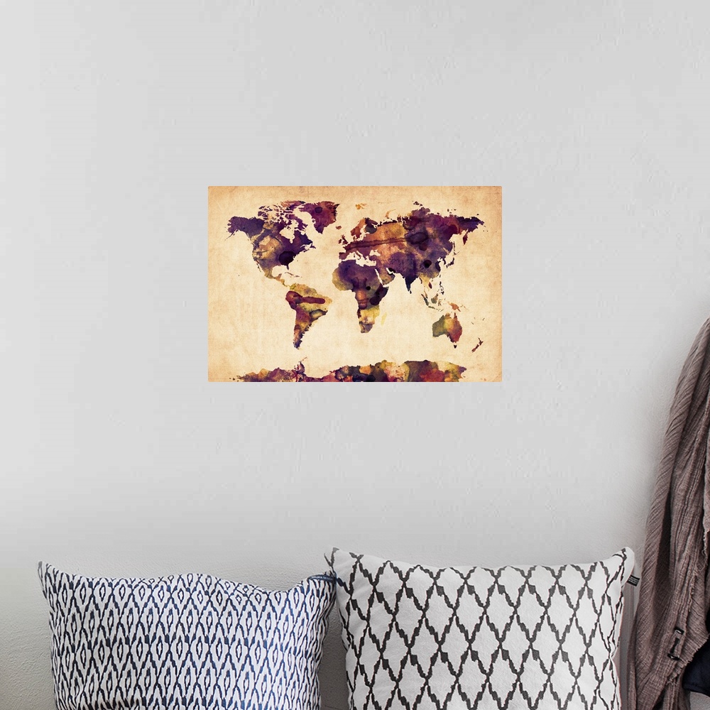 A bohemian room featuring World Map Watercolor, Purple
