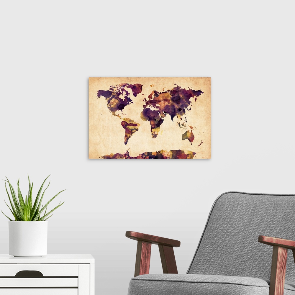 A modern room featuring World Map Watercolor, Purple