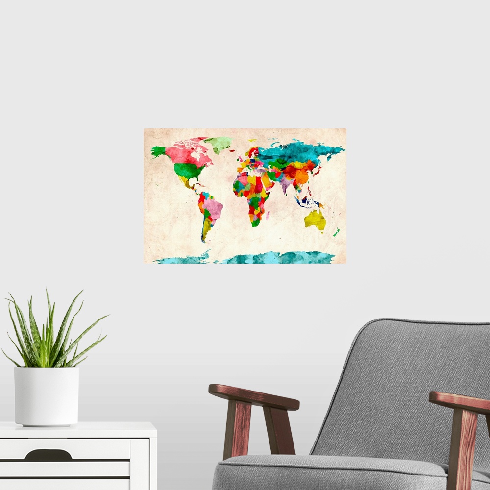A modern room featuring Oversized wall art created using water based paint textures to outline countries on political map...