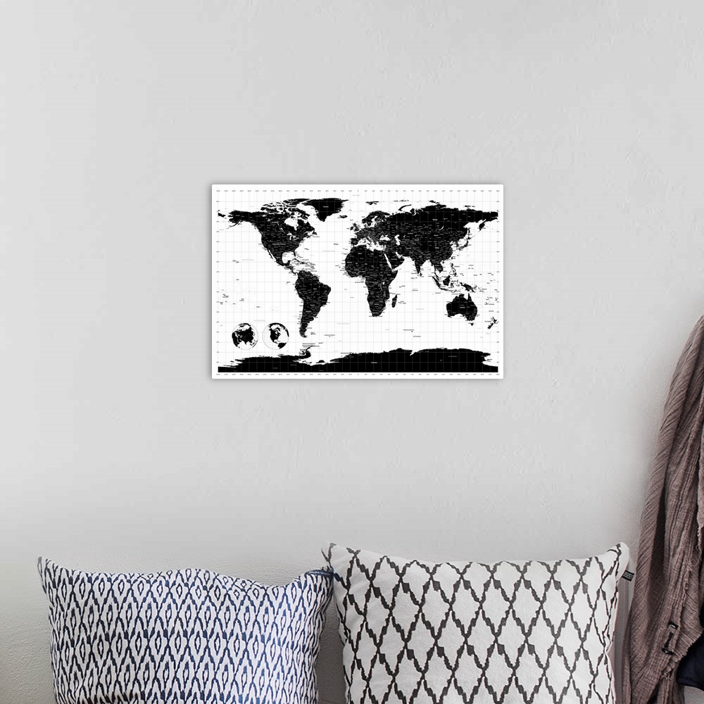 A bohemian room featuring Horizontal, large wall hanging of the world map in black, on a white background, with longitude a...