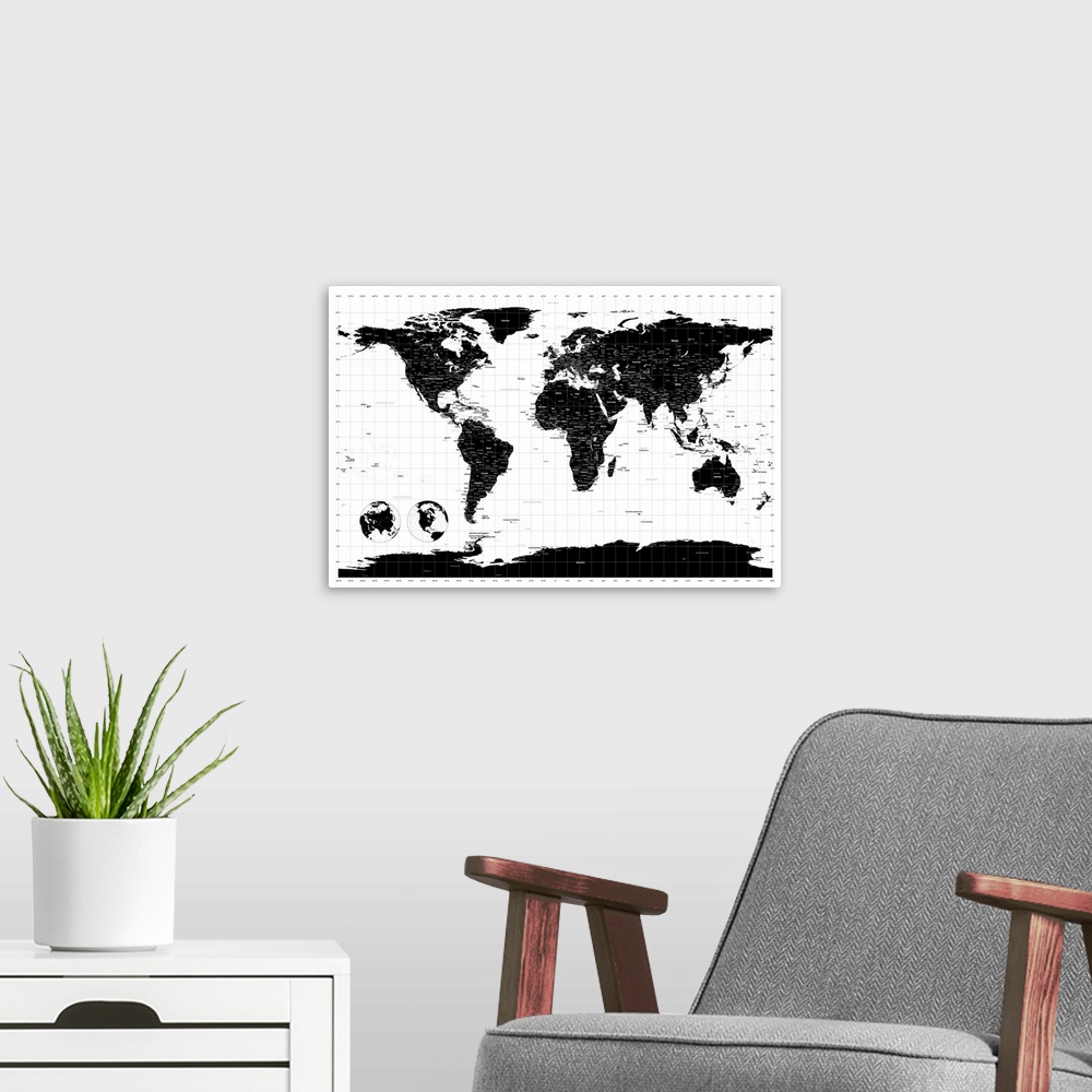 A modern room featuring Horizontal, large wall hanging of the world map in black, on a white background, with longitude a...