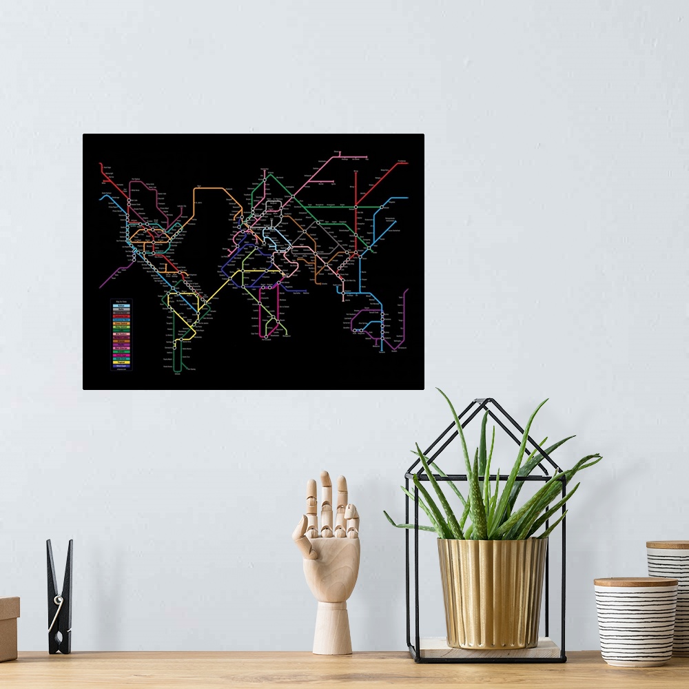 A bohemian room featuring World Map in iconic style of a Tube / Metro / Subway / Underground System Map, with cities around...