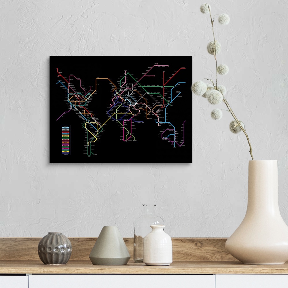 A farmhouse room featuring World Map in iconic style of a Tube / Metro / Subway / Underground System Map, with cities around...