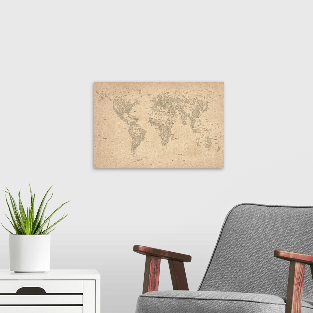 A modern room featuring Large, horizontal wall art of the map of the world with each country name spelled out in text.