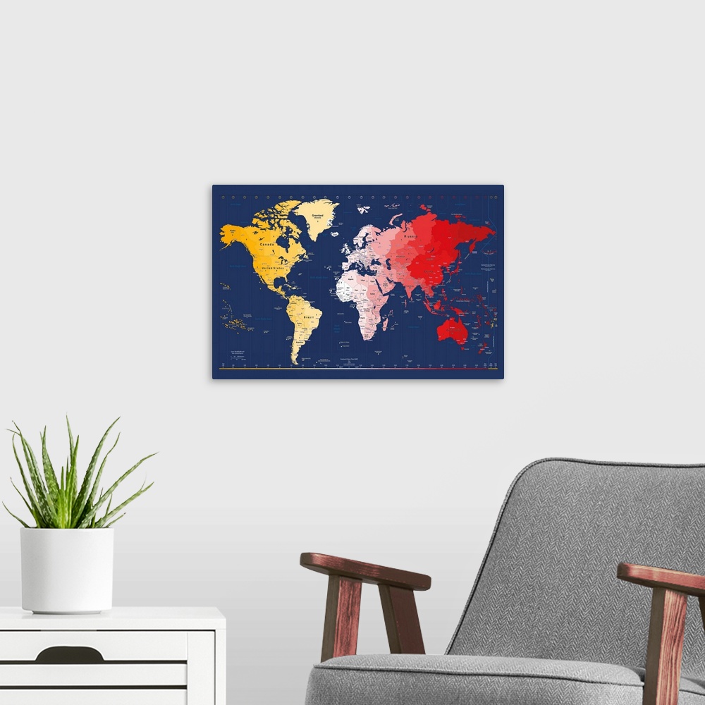 A modern room featuring Horizontal, oversized art of a world time zone map on a solid background.