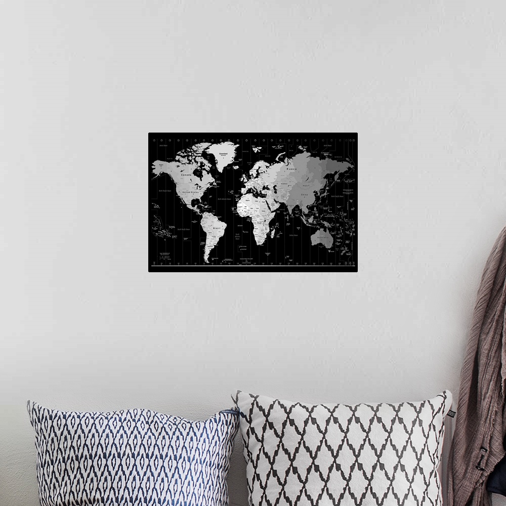 A bohemian room featuring A monochromatic political map of six continents where each time zone is depicted in a different s...
