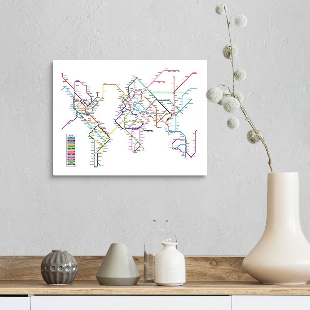 A farmhouse room featuring A world map recreated as a public transit map on a blank background with cities of the world as s...