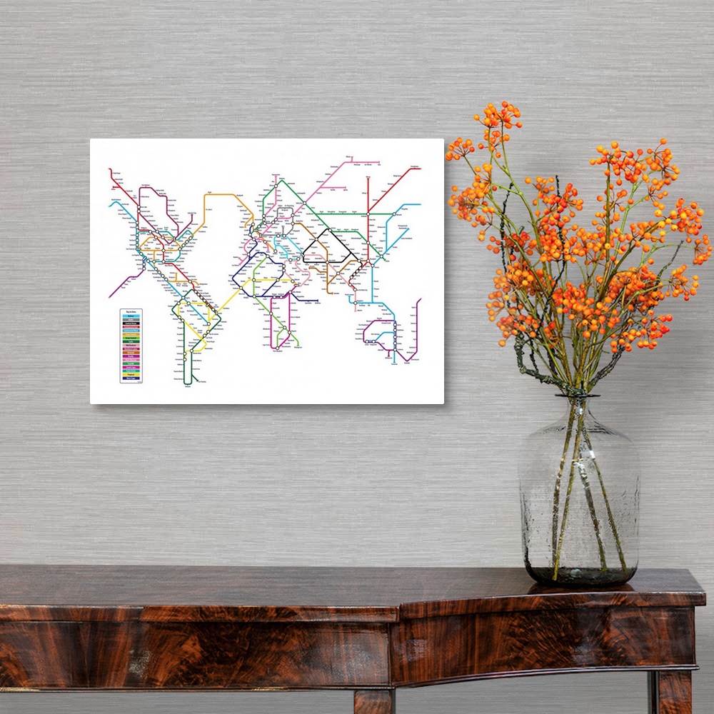 A traditional room featuring A world map recreated as a public transit map on a blank background with cities of the world as s...