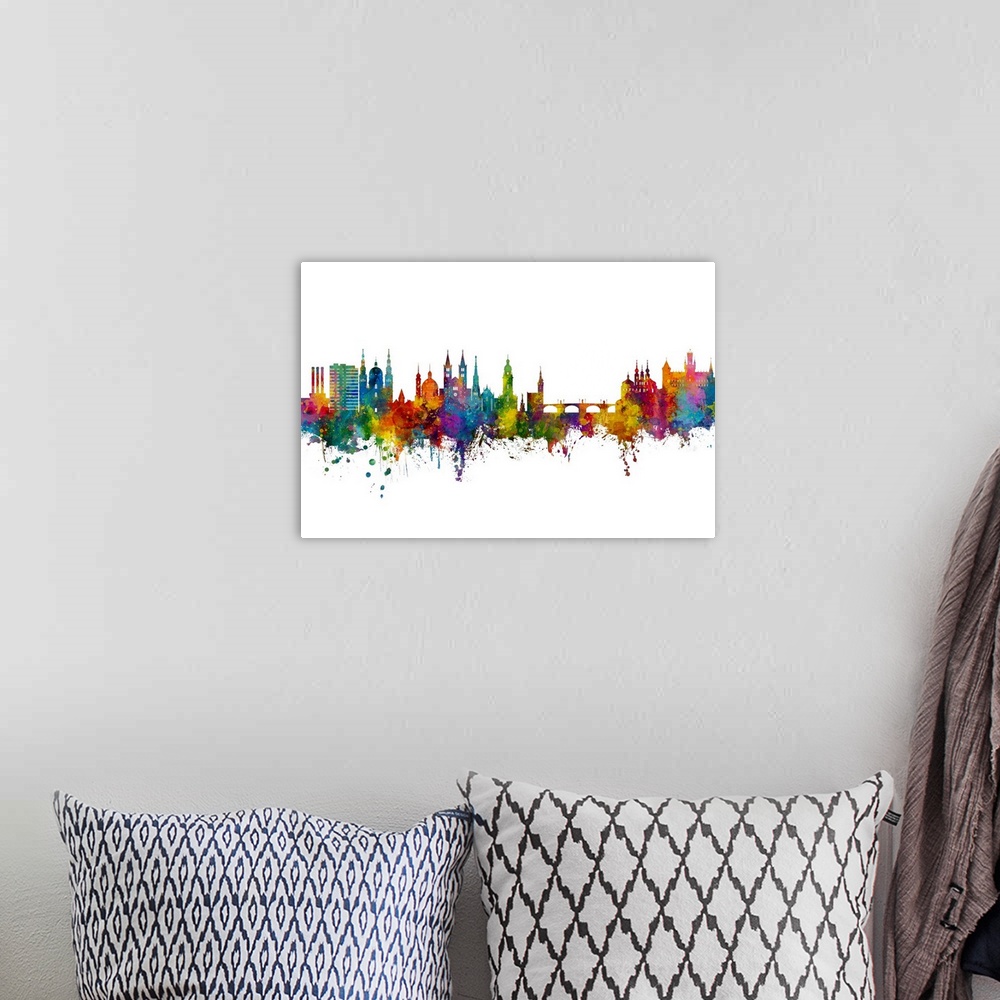 A bohemian room featuring Watercolor art print of the skyline of Wurzburg, Germany