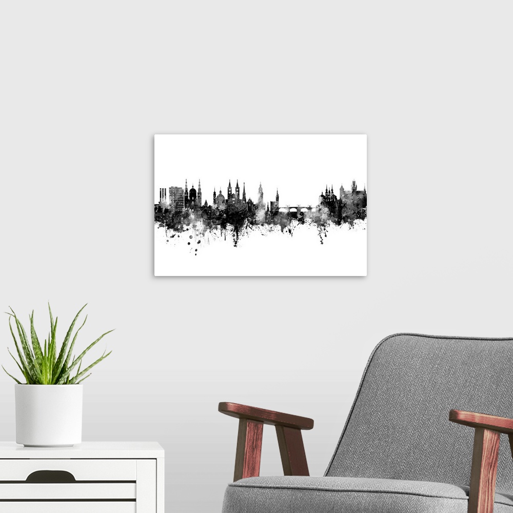 A modern room featuring Watercolor art print of the skyline of Wurzburg, Germany