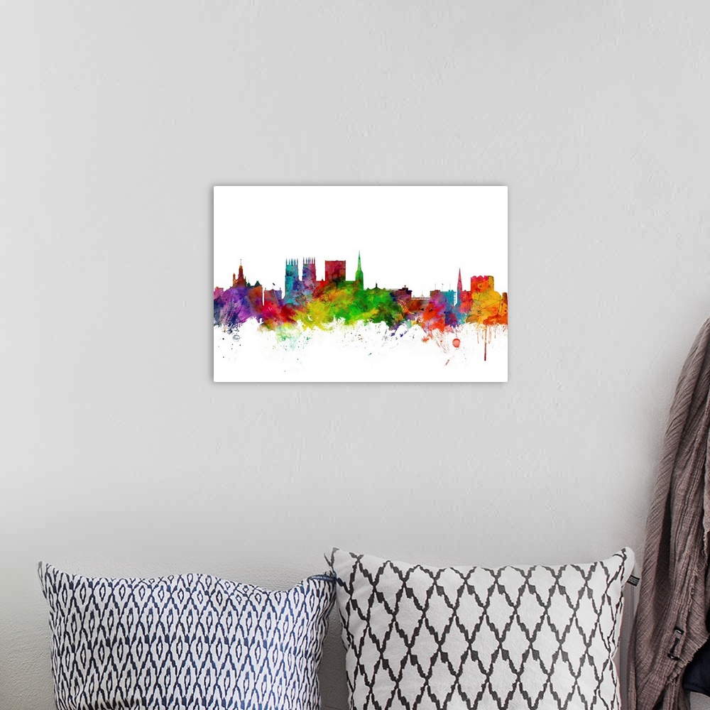 A bohemian room featuring Contemporary piece of artwork of the York, England skyline made of colorful paint splashes.