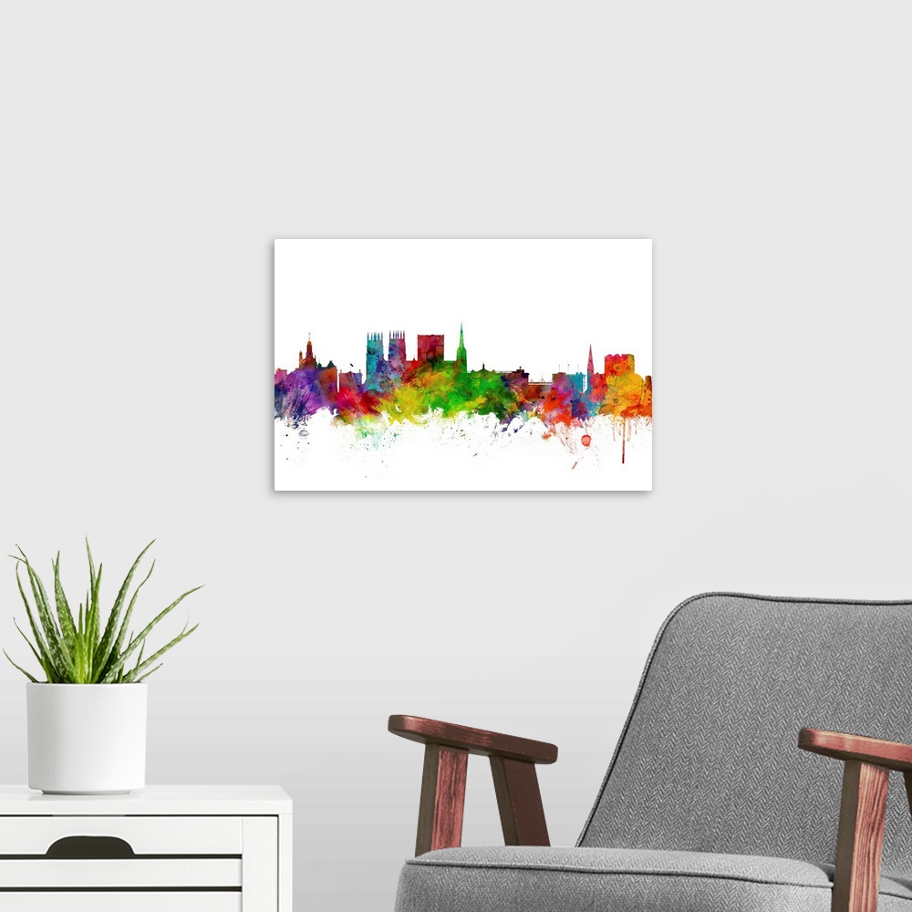 A modern room featuring Contemporary piece of artwork of the York, England skyline made of colorful paint splashes.