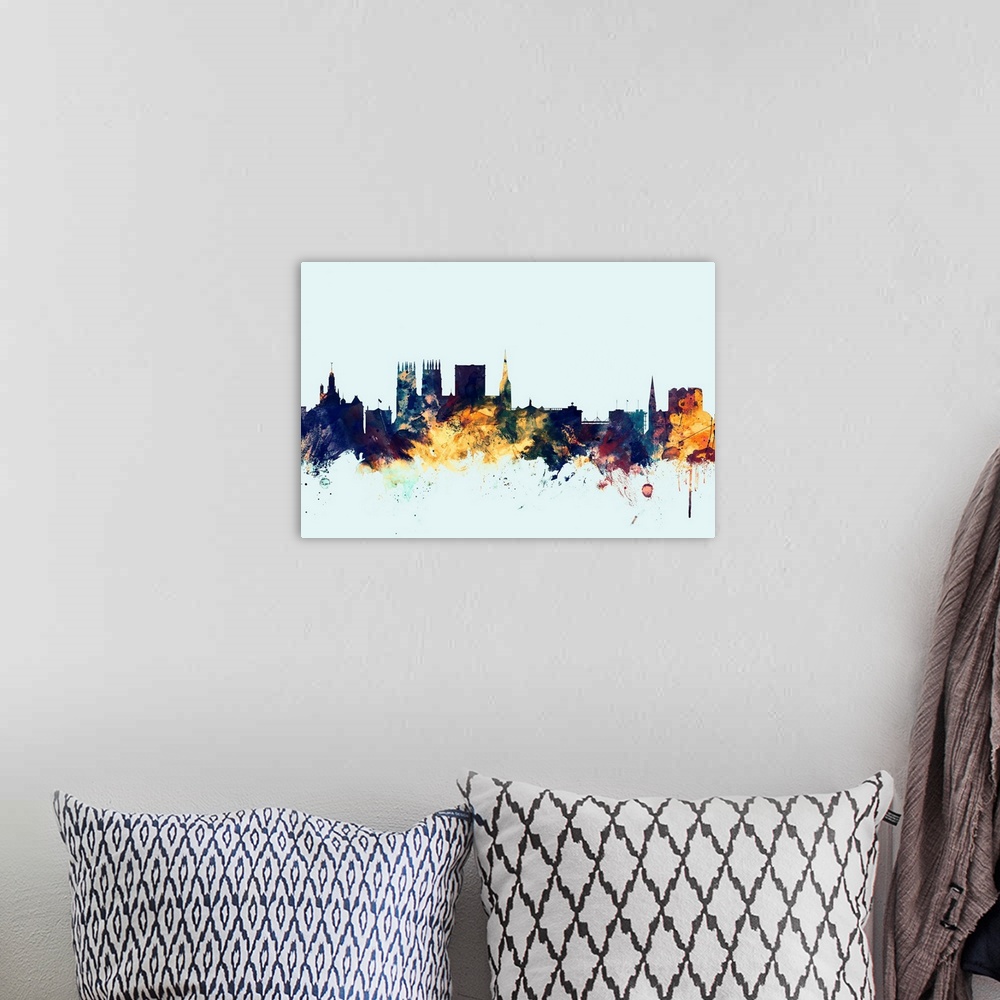 A bohemian room featuring Dark watercolor silhouette of the York city skyline against a light blue background.