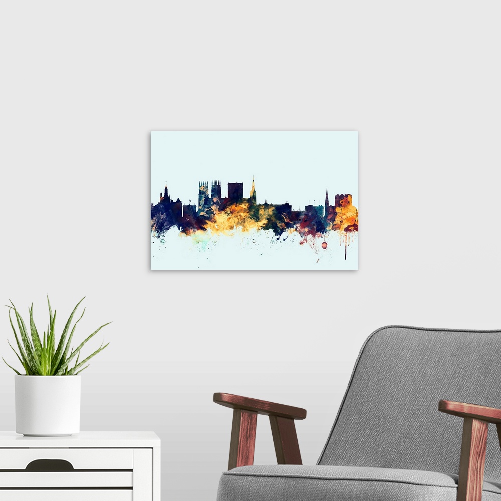 A modern room featuring Dark watercolor silhouette of the York city skyline against a light blue background.