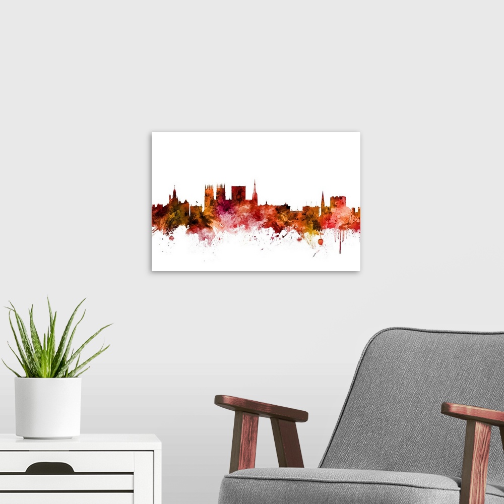 A modern room featuring Watercolor art print of the skyline of York, England, United Kingdom.