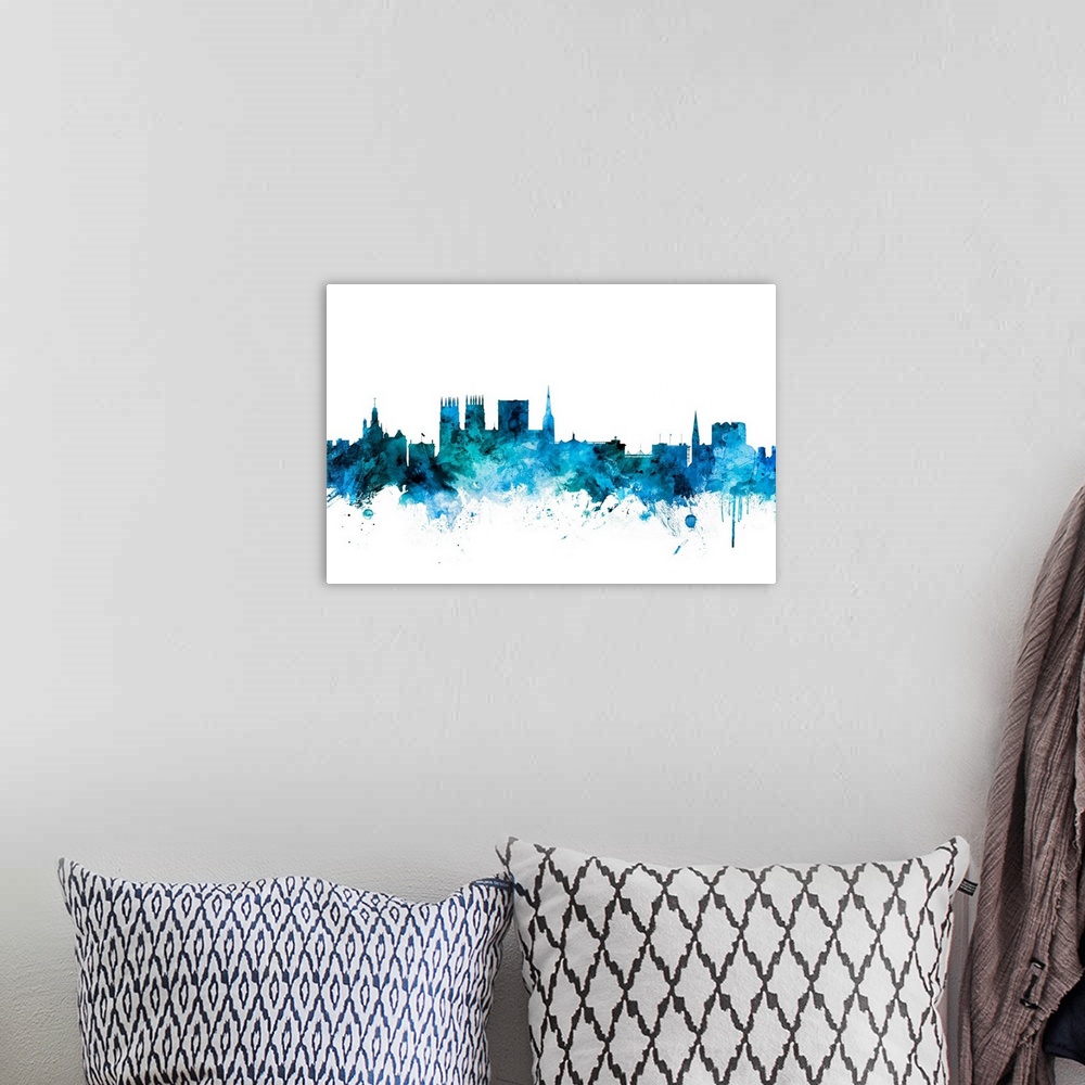 A bohemian room featuring Watercolor art print of the skyline of York, England, United Kingdom.