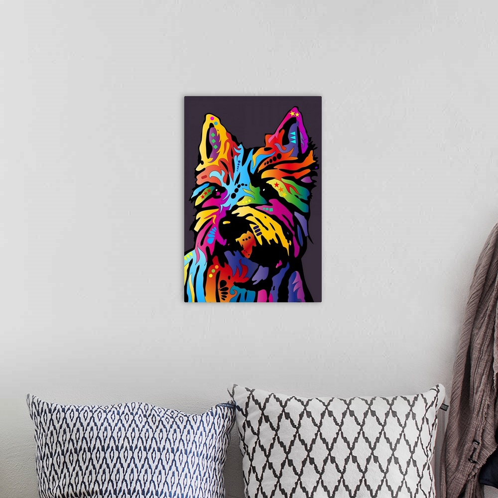A bohemian room featuring Yorkshire Terrier pop art illustration