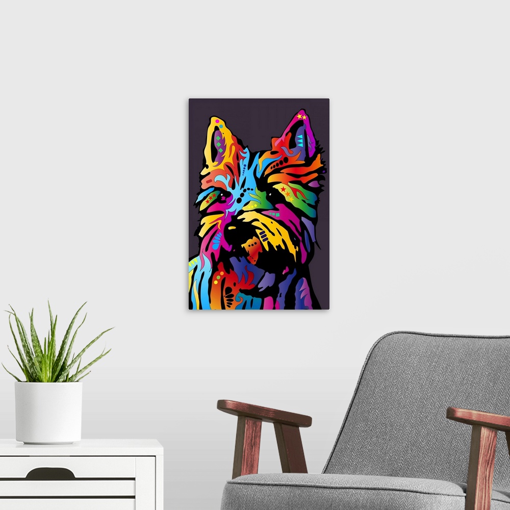 A modern room featuring Yorkshire Terrier pop art illustration