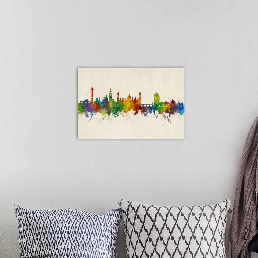 A bohemian room featuring Watercolor art print of the skyline of Zaragoza, Spain