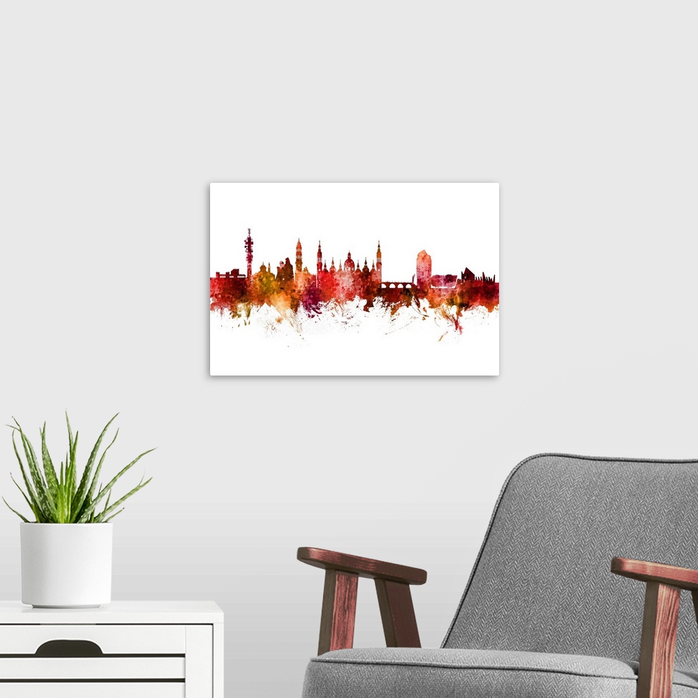 A modern room featuring Watercolor art print of the skyline of Zaragoza, Spain