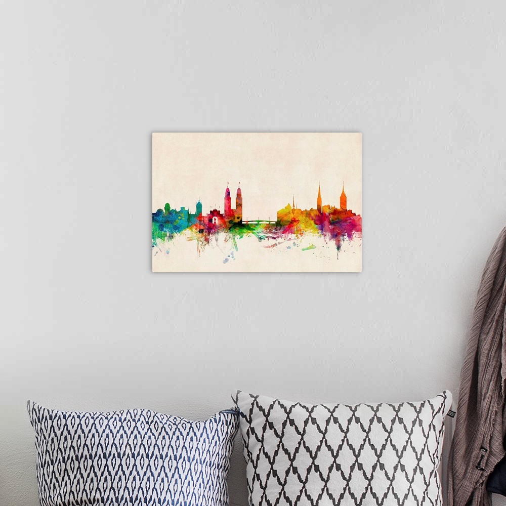 A bohemian room featuring Contemporary piece of artwork of the Zurich skyline made of colorful paint splashes.