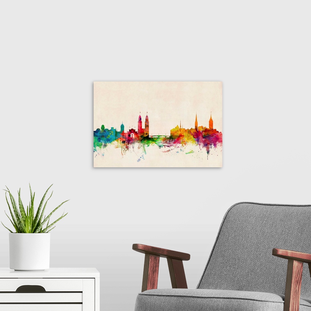 A modern room featuring Contemporary piece of artwork of the Zurich skyline made of colorful paint splashes.