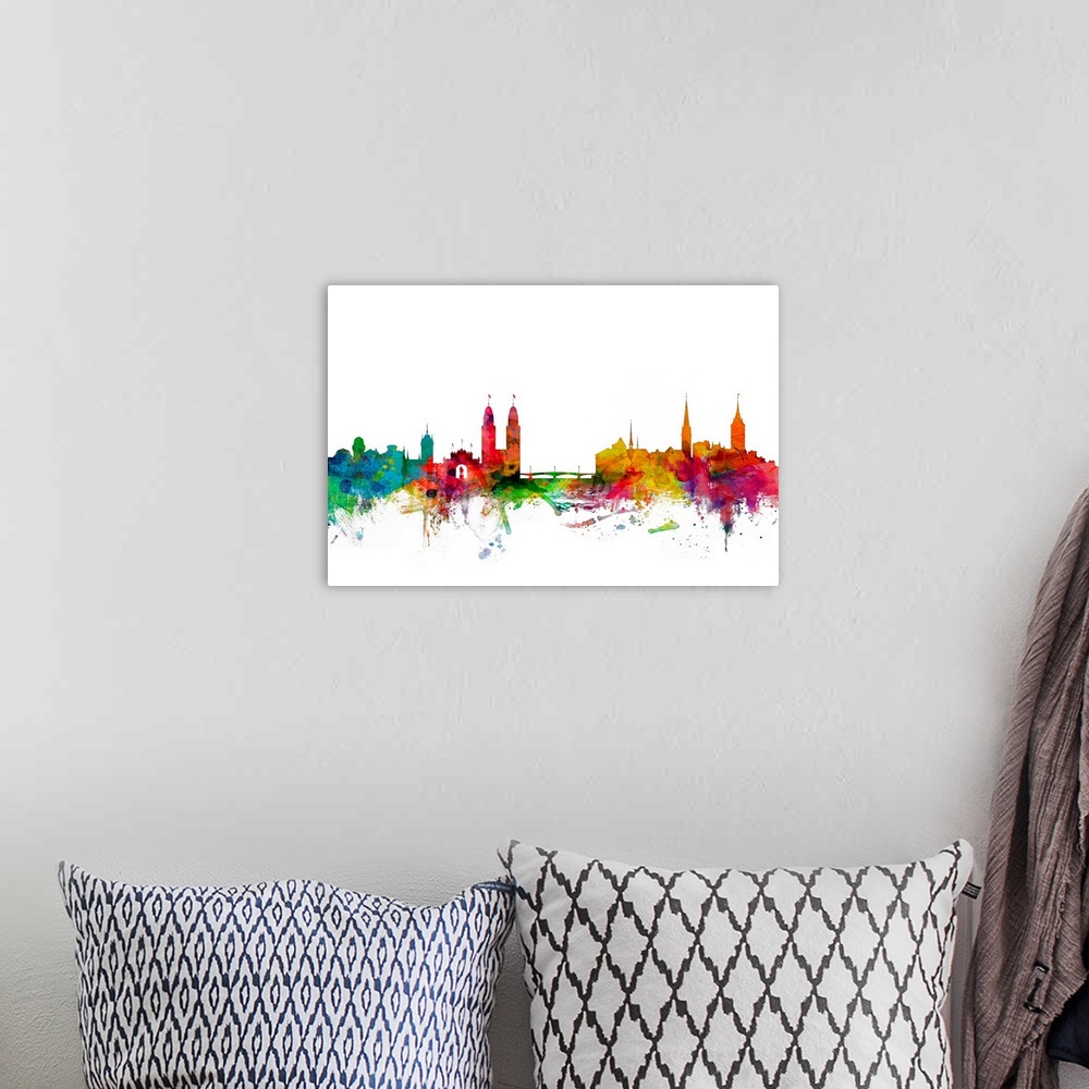 A bohemian room featuring Watercolor artwork of the Zurich skyline against a white background.