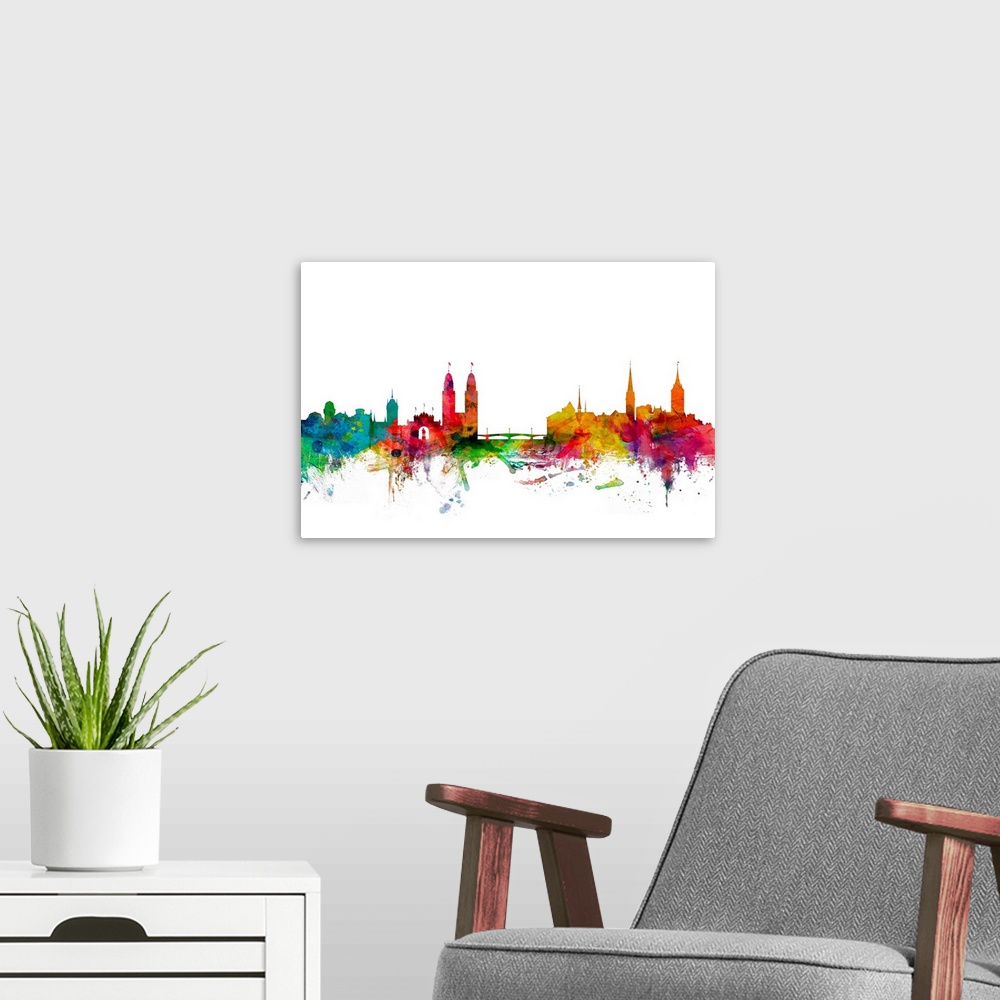 A modern room featuring Watercolor artwork of the Zurich skyline against a white background.