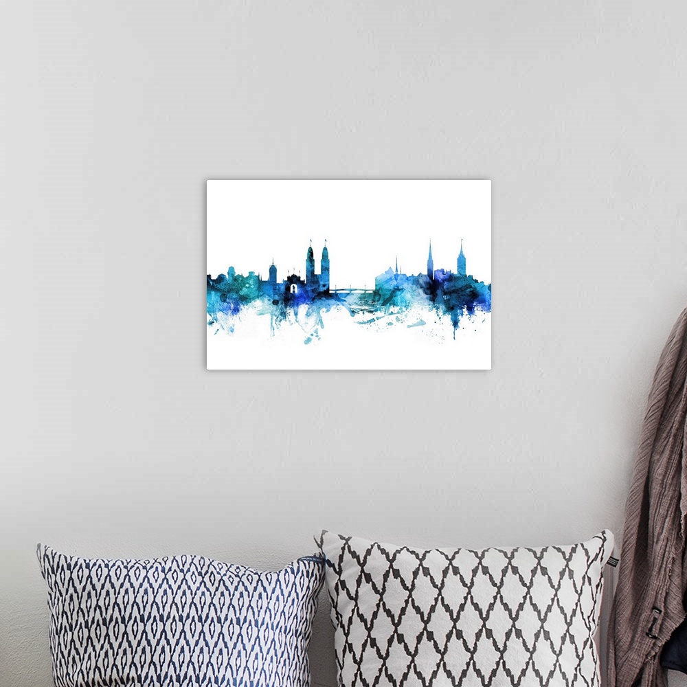 A bohemian room featuring Watercolor art print of the skyline of Zurich, Switzerland in shades of blue.