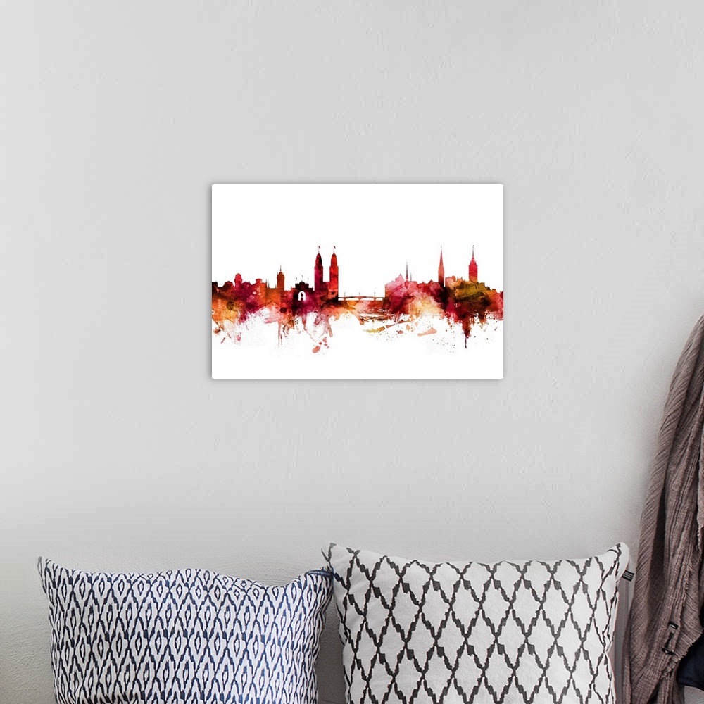 A bohemian room featuring Watercolor art print of the skyline of Zurich, Switzerland in warm tones.