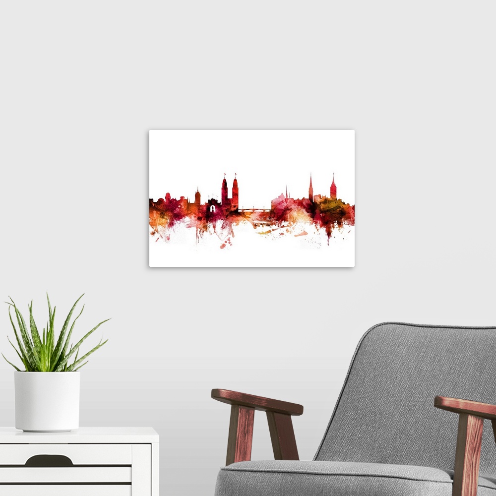 A modern room featuring Watercolor art print of the skyline of Zurich, Switzerland in warm tones.