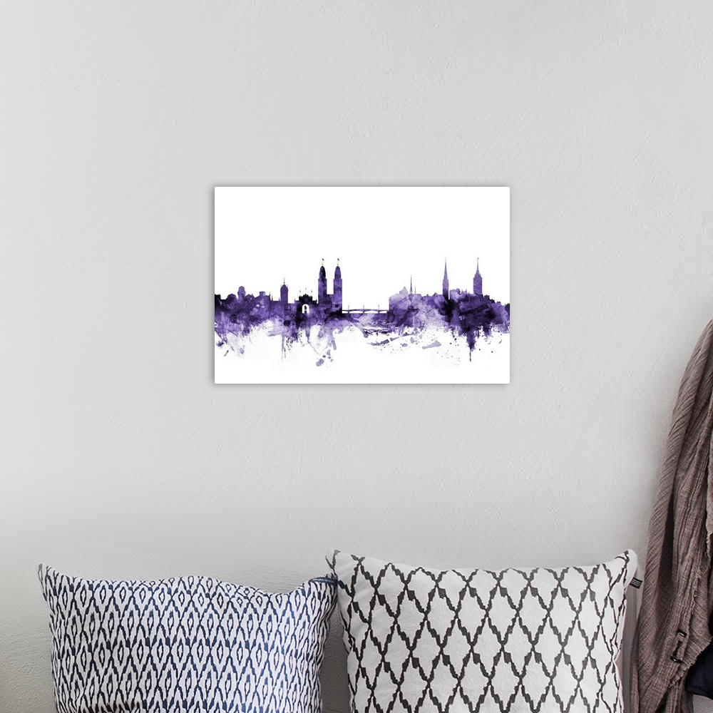 A bohemian room featuring Watercolor art print of the skyline of Zurich, Switzerland in purple.