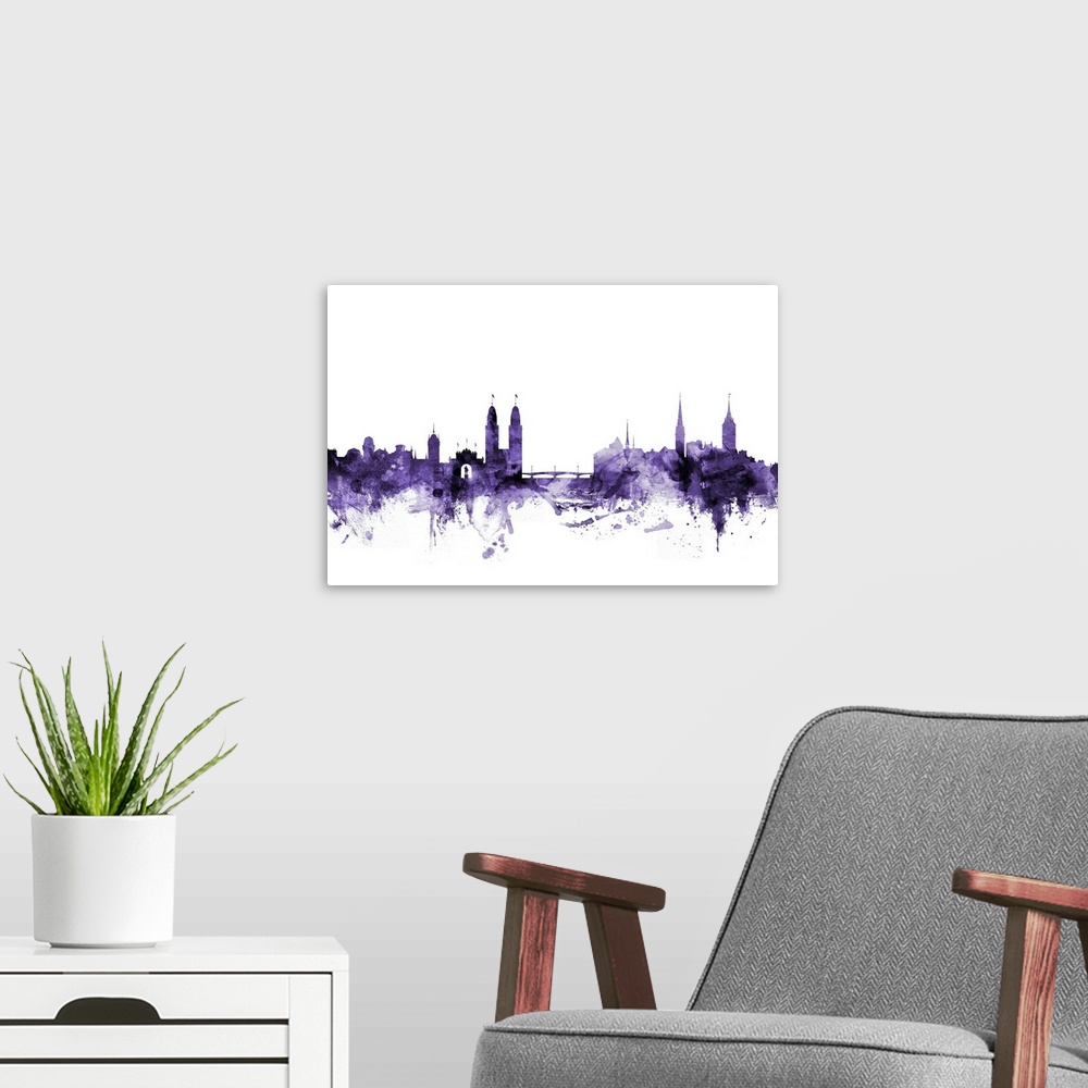 A modern room featuring Watercolor art print of the skyline of Zurich, Switzerland in purple.