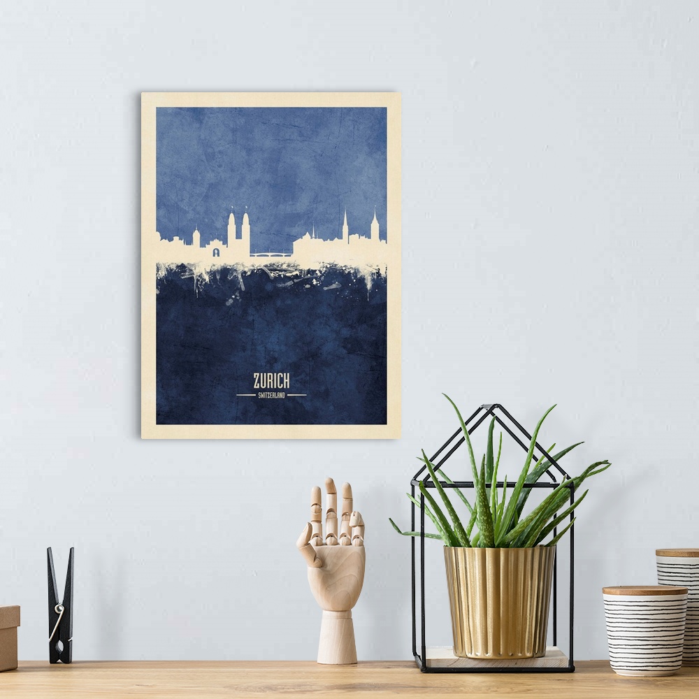 A bohemian room featuring Watercolor art print of the skyline of Zurich, Switzerland