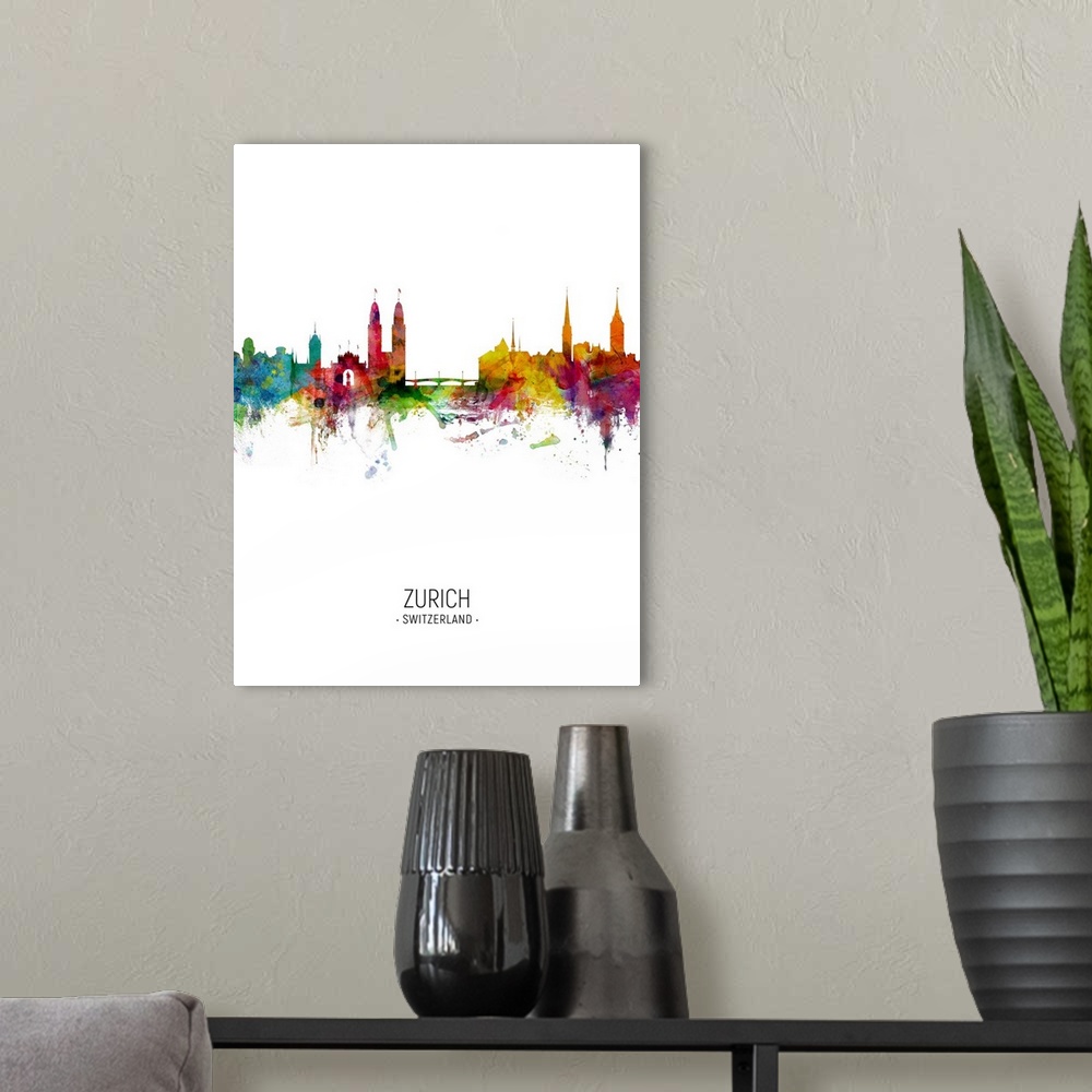 A modern room featuring Watercolor art print of the skyline of Zurich, Switzerland