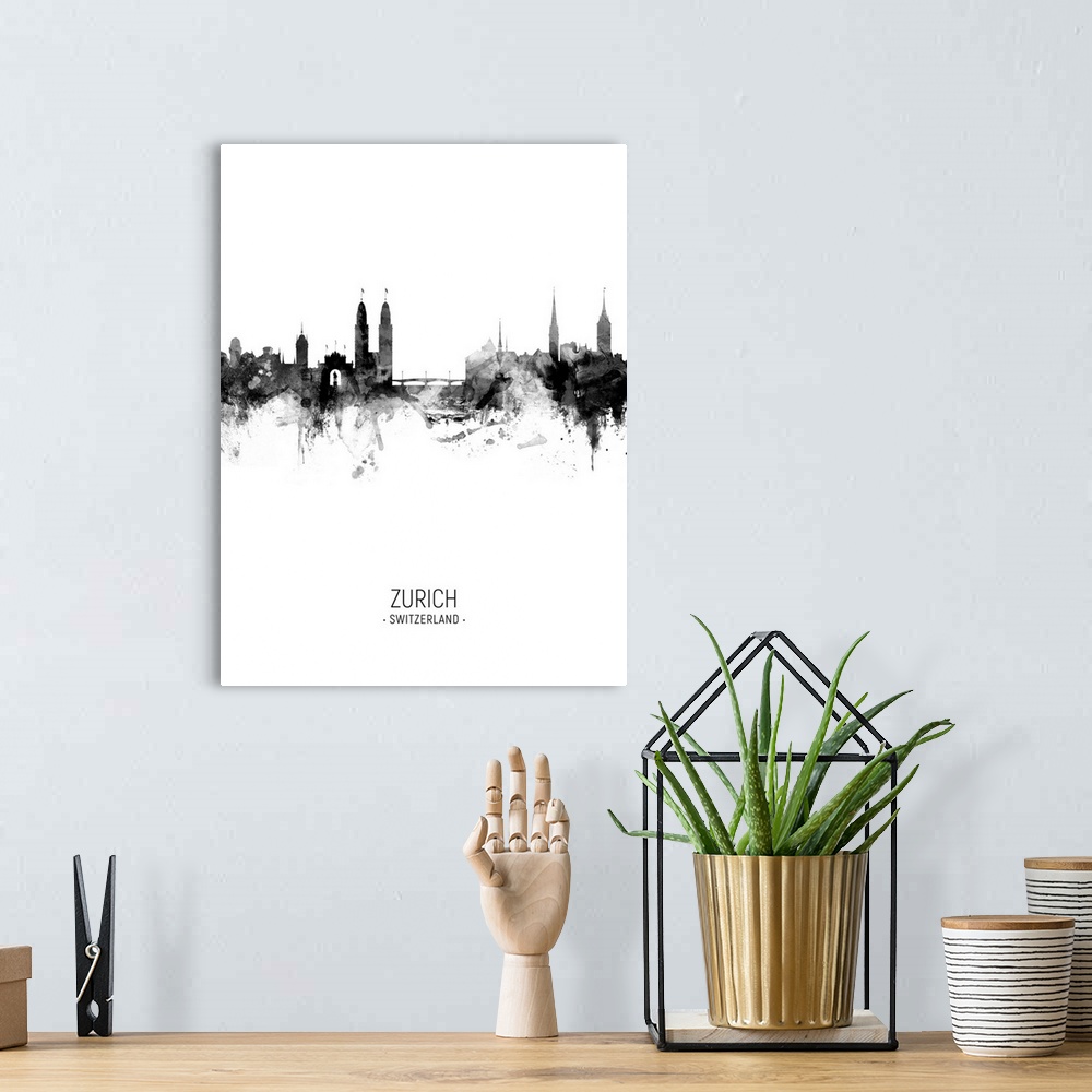 A bohemian room featuring Watercolor art print of the skyline of Zurich, Switzerland