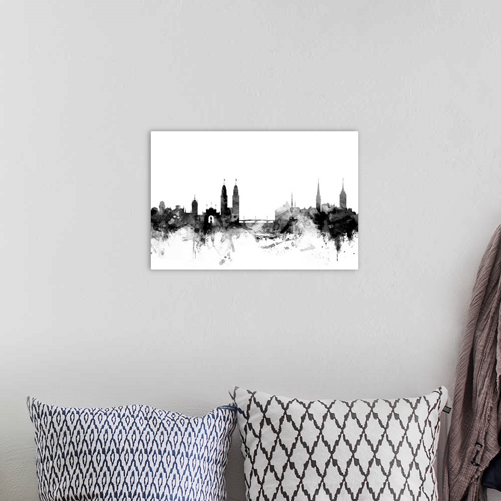 A bohemian room featuring Watercolor art print of the skyline of Zurich, Switzerland.
