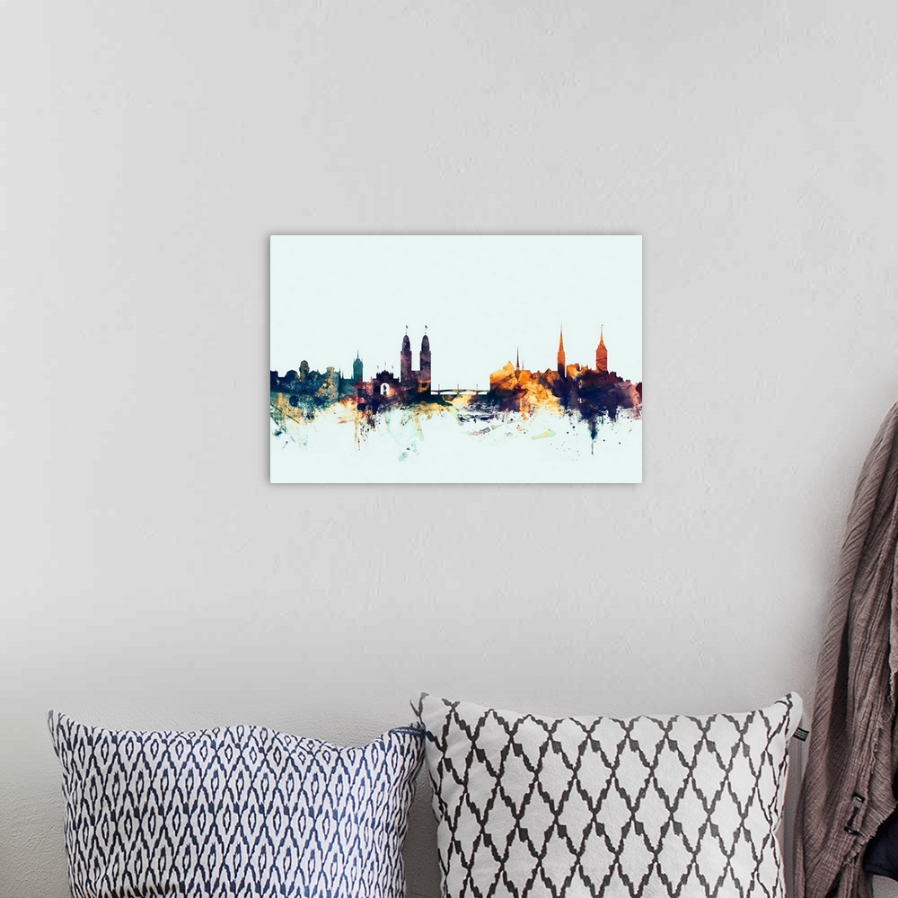 A bohemian room featuring Watercolor art print of the skyline of Zurich, Switzerland.
