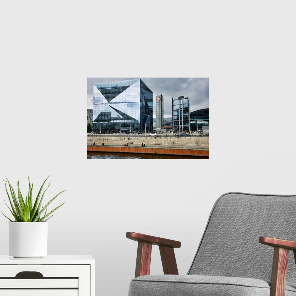 A modern room featuring Germany, Berlin. Looking at Central Station's buildings from across river Spree.