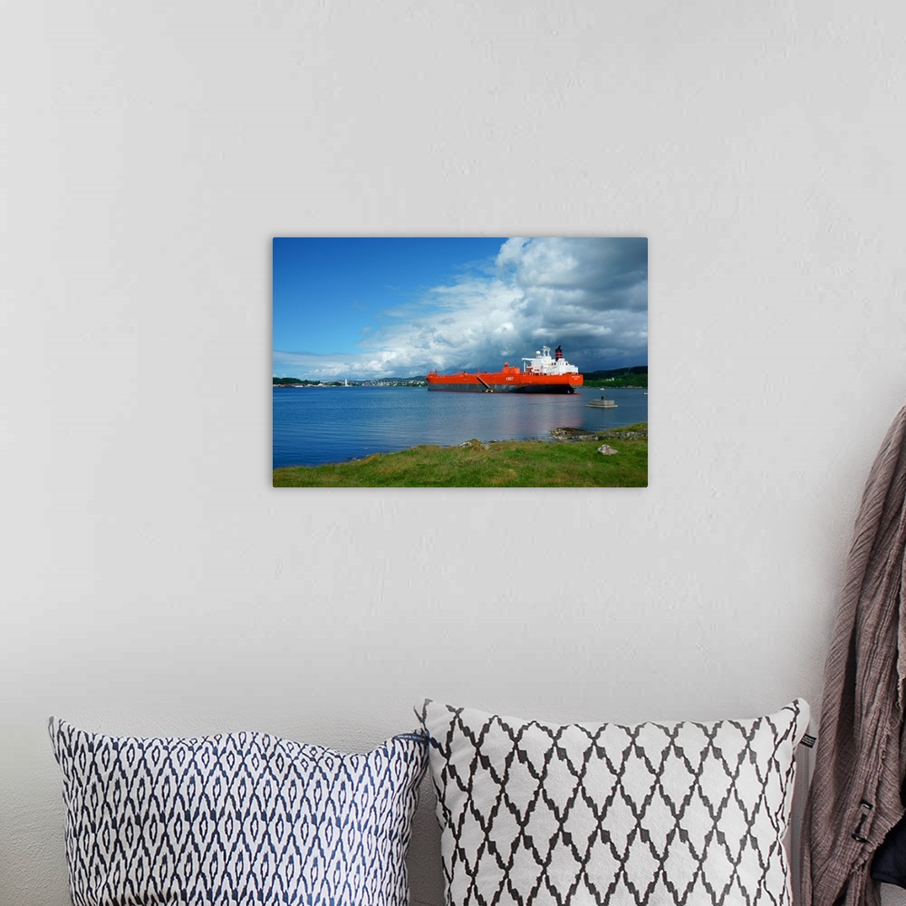 A bohemian room featuring Norway, Haugesund: red, boat, ship, cargo, transport, freight, harbour