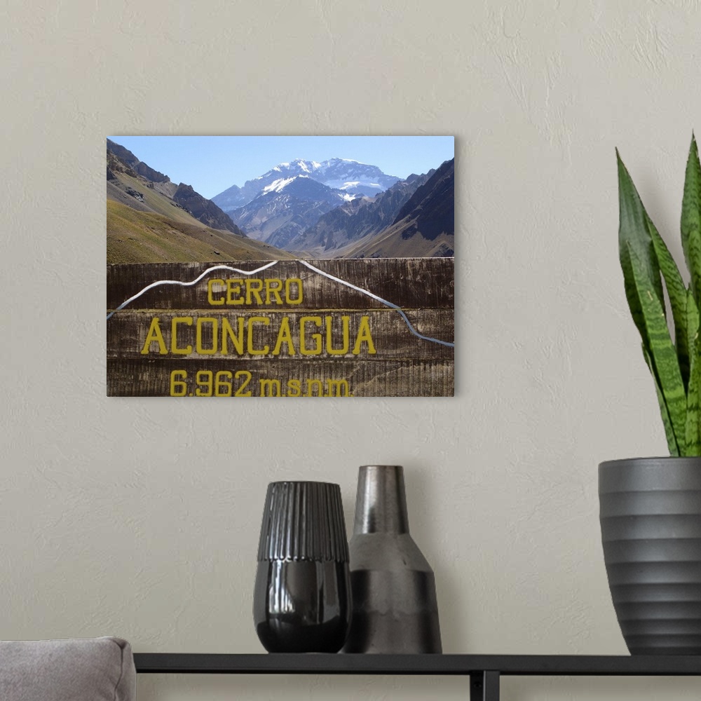 A modern room featuring Horcones valley leading to the Aconcagua base camp- Aconcagua peak in the far background.  Laguna...