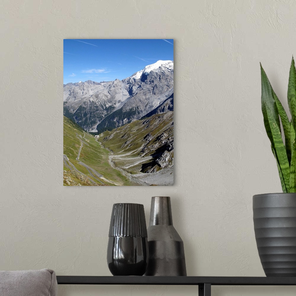 A modern room featuring Western side of Passo dello Stelvio, Stelvio Pass, 2757 m (9045 feet) is the highest paved mounta...
