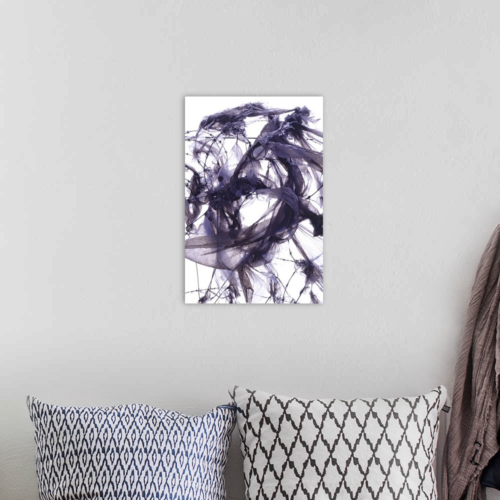 A bohemian room featuring This fine art photograph is a close up photograph of ragged and decaying plastic bags snagged in ...