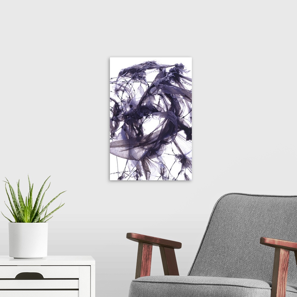 A modern room featuring This fine art photograph is a close up photograph of ragged and decaying plastic bags snagged in ...