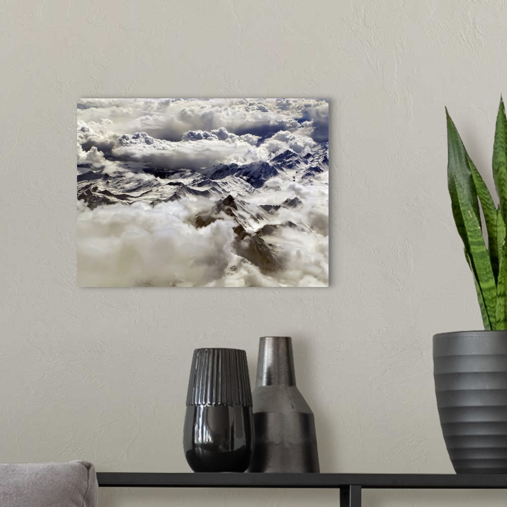 A modern room featuring snowcapped mountain