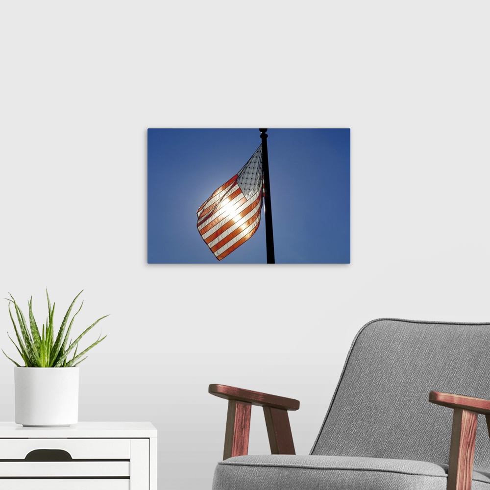 A modern room featuring Usa, American flag swinging